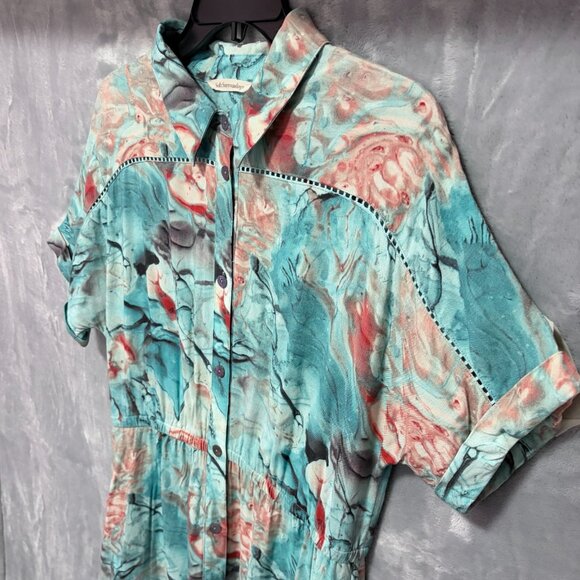 Soft Surroundings M Shirt Dress Blue Coral Marble Abstract Print Rayon Midi - Picture 3 of 9